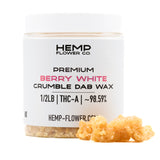 Clear jar of Berry White THCA crumble wax 1/2 LB with 98.59 THC-A hemp flower