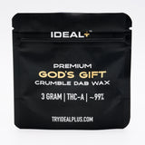 Black resealable pouch of God’s Gift THCa crumble dab wax 3g for potent dab wax experience