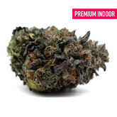 Lemon OG Indoor THCa Flower with dense green purple buds, orange hairs, frosty trichomes