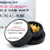 Black container of Purple Punch THCA crumble wax with white label, hemp flower product