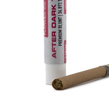 A brown cylindrical hemp thca blunt from flower co labeled after dark with white and red packaging for sunset sherbet fans
