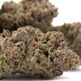 Dense After Dark #2 THCa hemp flower bud with green hues and resin glands