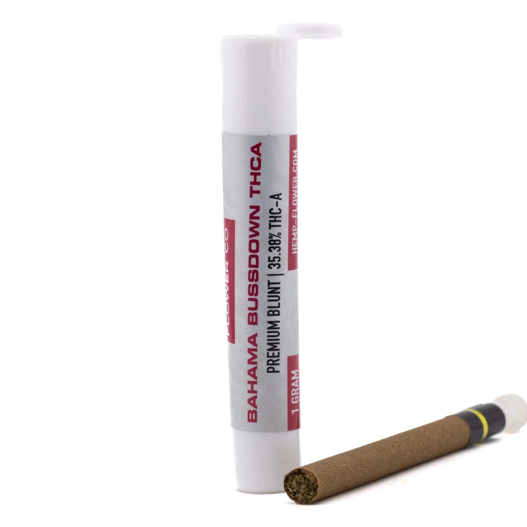White cylindrical tube of bahama bussdown’s 1 gram premium blunt with runtz x bahama five-terpene profile label