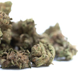 Dried bahama bussdown thca small hemp flower buds with dense trichomes and greenish brown hues for smoking