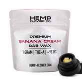 A white resealable pouch from hemp flower co containing banana cream 98.39 percent thca dab wax for sativa excellence