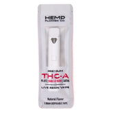 White disposable thca disposable vape pen in clear packaging from hemp flower co with banana kush flavor and 98.01% thca