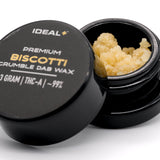 Black jar of Biscotti 94.67% THCa Crumble Dab Wax showcasing God’s Gift hemp flower