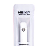 White disposable vape pen with silver diamond accent in clear sleeve labeled hemp flower co premium blue razz live resin disposable vape
