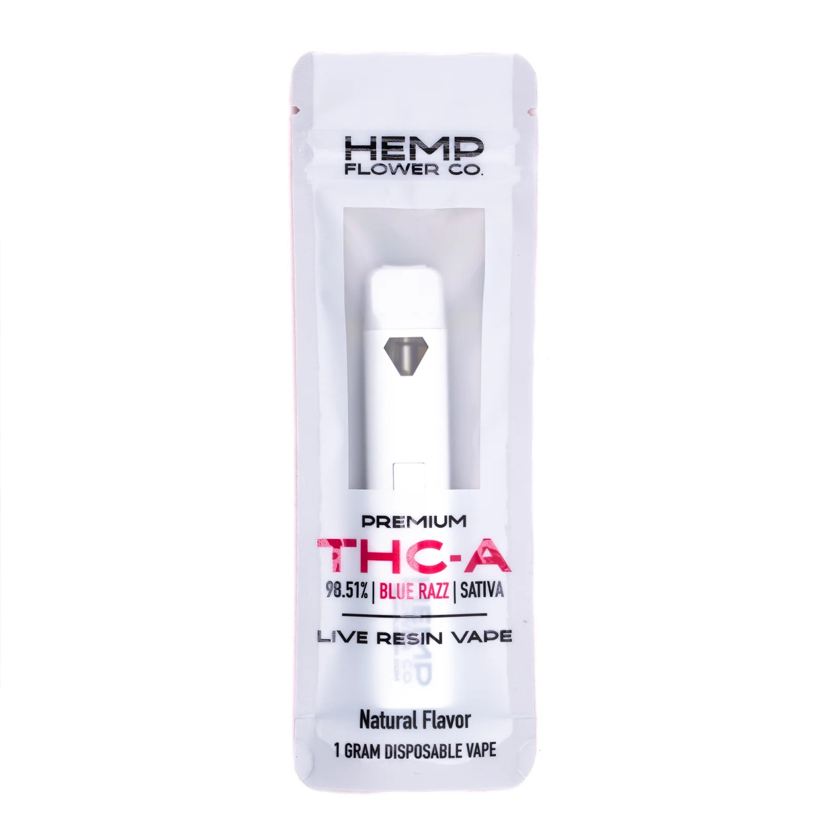 White disposable vape pen in clear plastic package branded hemp flower co for blue razz live resin disposable vape
