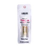 Blue razz 98.84% thca vape cartridge with white packaging and gold live resin chamber labeled blueberry flavor