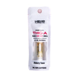 Blue razz 98.84% thca vape cartridge with white packaging and gold live resin chamber labeled blueberry flavor