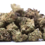 A pile of blue sugar hemp flower greenhouse smalls with dried green brown and purple sugar cookies buds