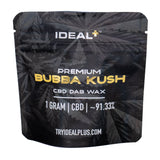 Black pouch with gold and white text of ideal premium bubba kush cbd dab wax 1g with cannabis leaf pattern for pre-98 bubba kush