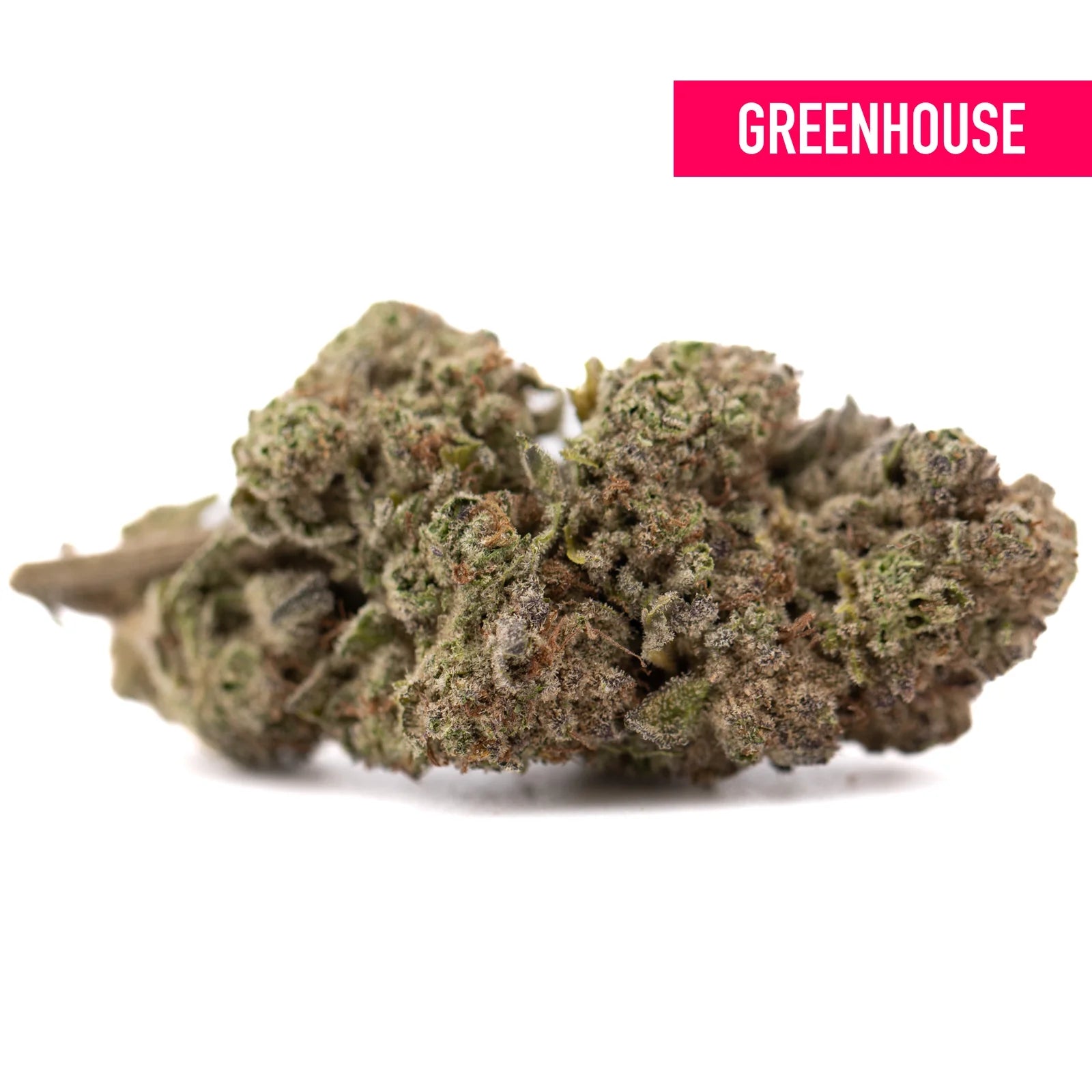 Cali Burger THCa Hemp Flower: Green bud with white trichomes, purple pistils, Greenhouse
