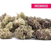 Cali burger thca hemp flower greenhouse smalls with dense frosty buds in green purple and brown hues