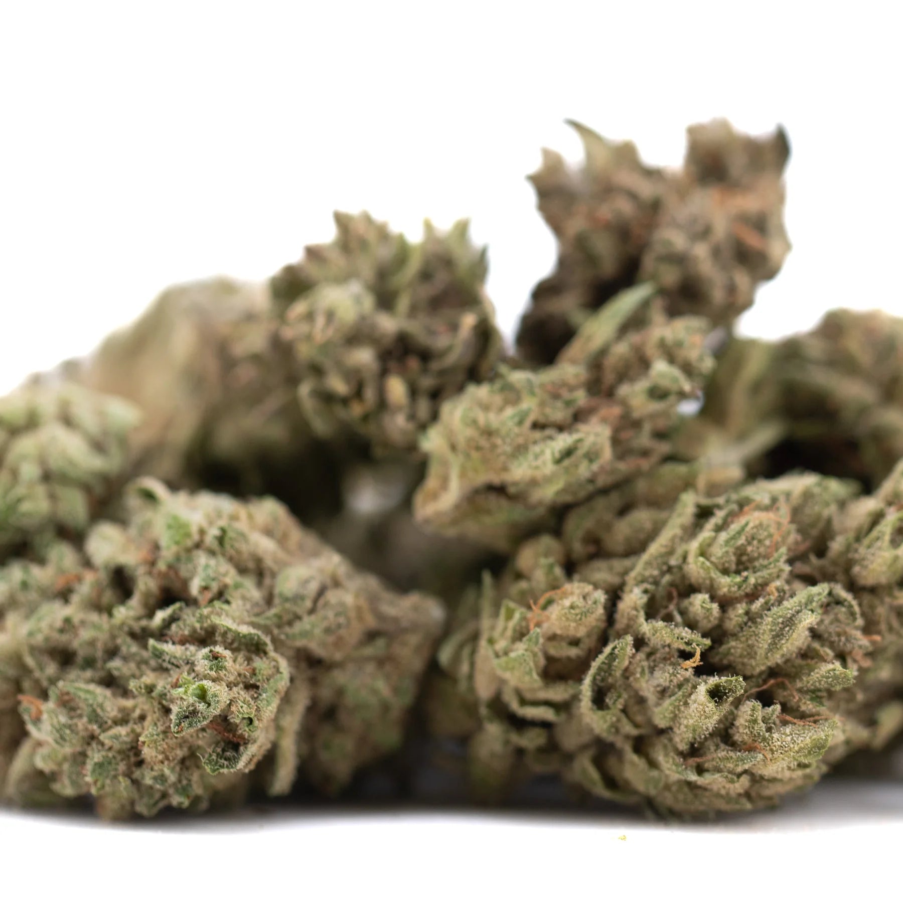 A cluster of dense green cbg hemp flower buds with textured surface and brown trichomes in cbg hemp flower #2 smalls