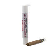 White cylindrical tube labeled cherry truffle thc-a containing 1 gram blunt with 33.1 percent thc and terpene profile