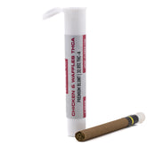 White cylindrical tube with red and black labeling containing a 1 gram chicken and waffles thca blunt from hemp flower co featuring a five-terpene profile