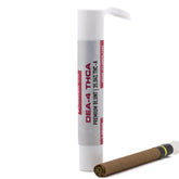 White cylindrical container with red labeling and flip-top lid holding dea-4 35.04 percent thca blunt hemp flower