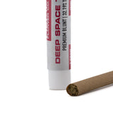 A brown cylindrical hemp blunt wrapped in a white and red deep space premium blunt tube with a terpene profile
