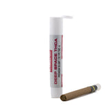 White cylindrical tube labeled deep space thca in red containing a premium 1 gram blunt with romulan x deep terpene profile