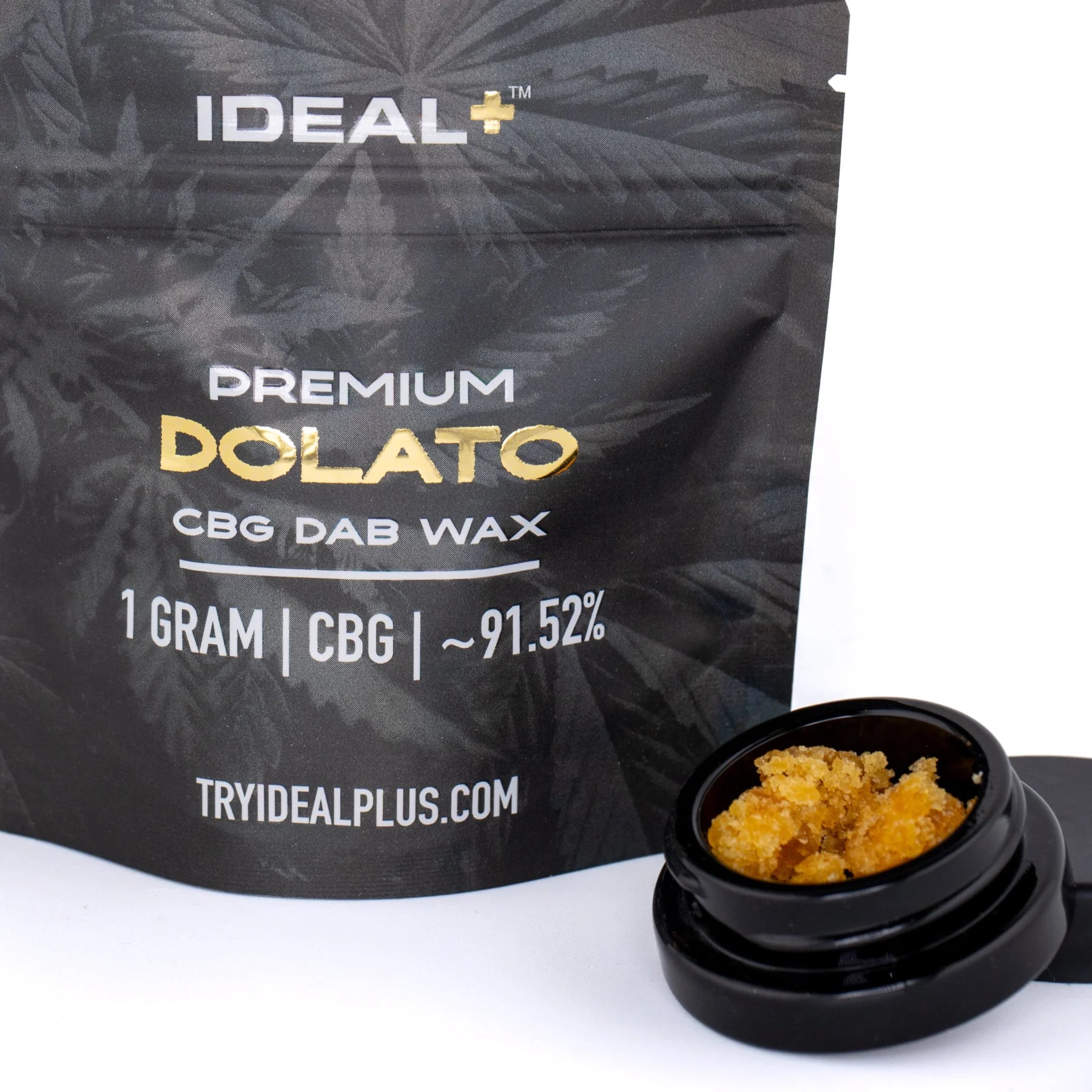 Black pouch of ideal plus dolato cbg dab wax with gold lettering and black jar of amber 91.52 percent cbg wax 1g