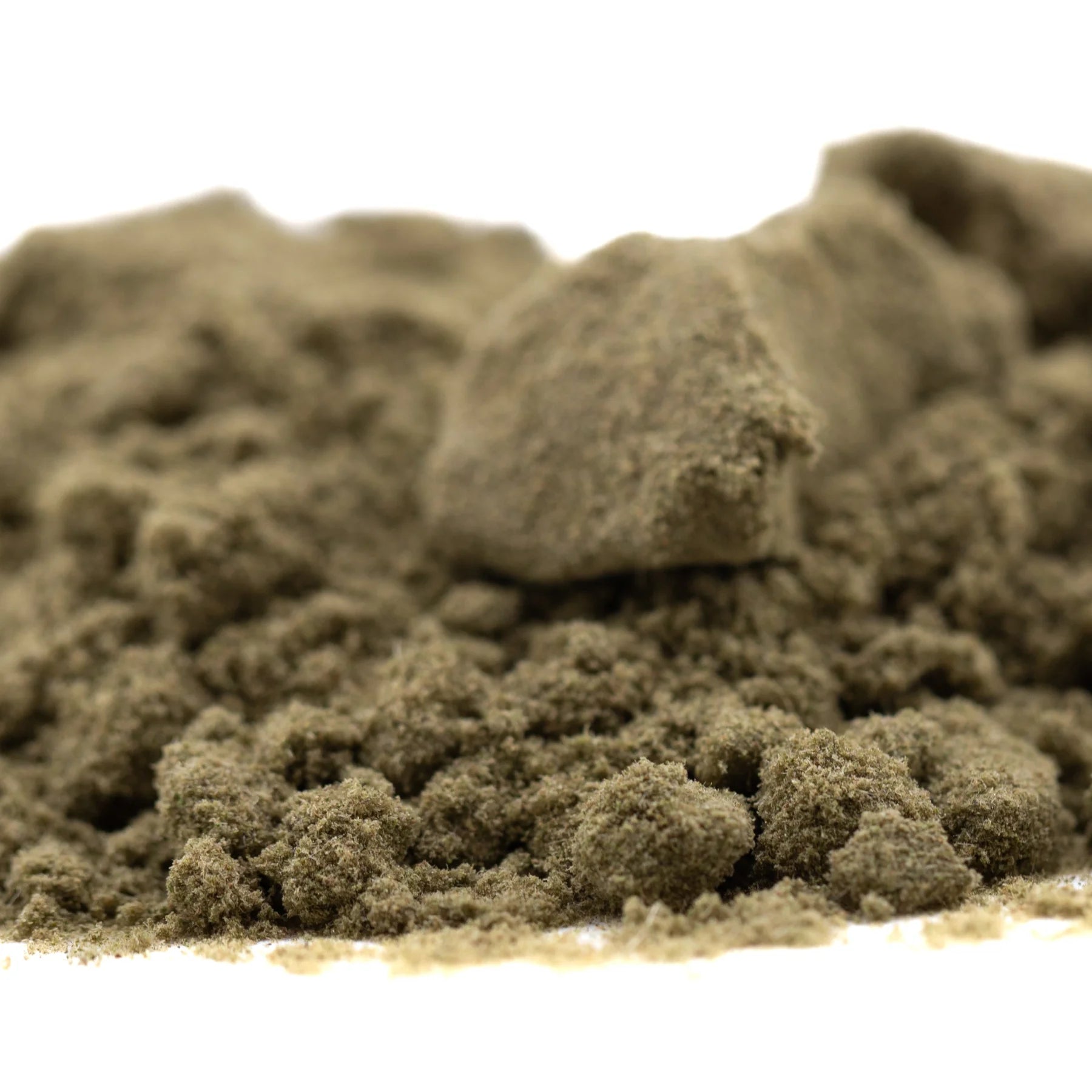 A mound of fine olive green thca kief sand from froot by the foot thca kief full-term by auto genetics nostalgic candy character