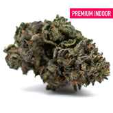 Dark green and purple cannabis bud with trichomes and orange hairs from Gas Indoor THCa Flower, high THCA, lemon pine aroma
