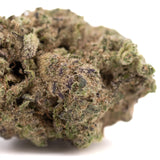 Gas Monkey THCa hemp flower bud with purple trichomes and green leaves