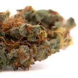 Dried GMO Kush Indoor THCa Flower with green and orange hemp buds showing trichomes