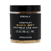 Clear jar with black lid containing light brown THCa crumble dab for wholesale Granddaddy Purple