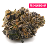 Dense purple and green Kush Mints THCa Flower with orange pistils in Indoor Graffiti Mintz