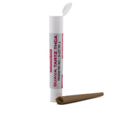 White cylindrical container labeled guava tartz 34.43 percent thca pre rolls by jemp flower co for premium use