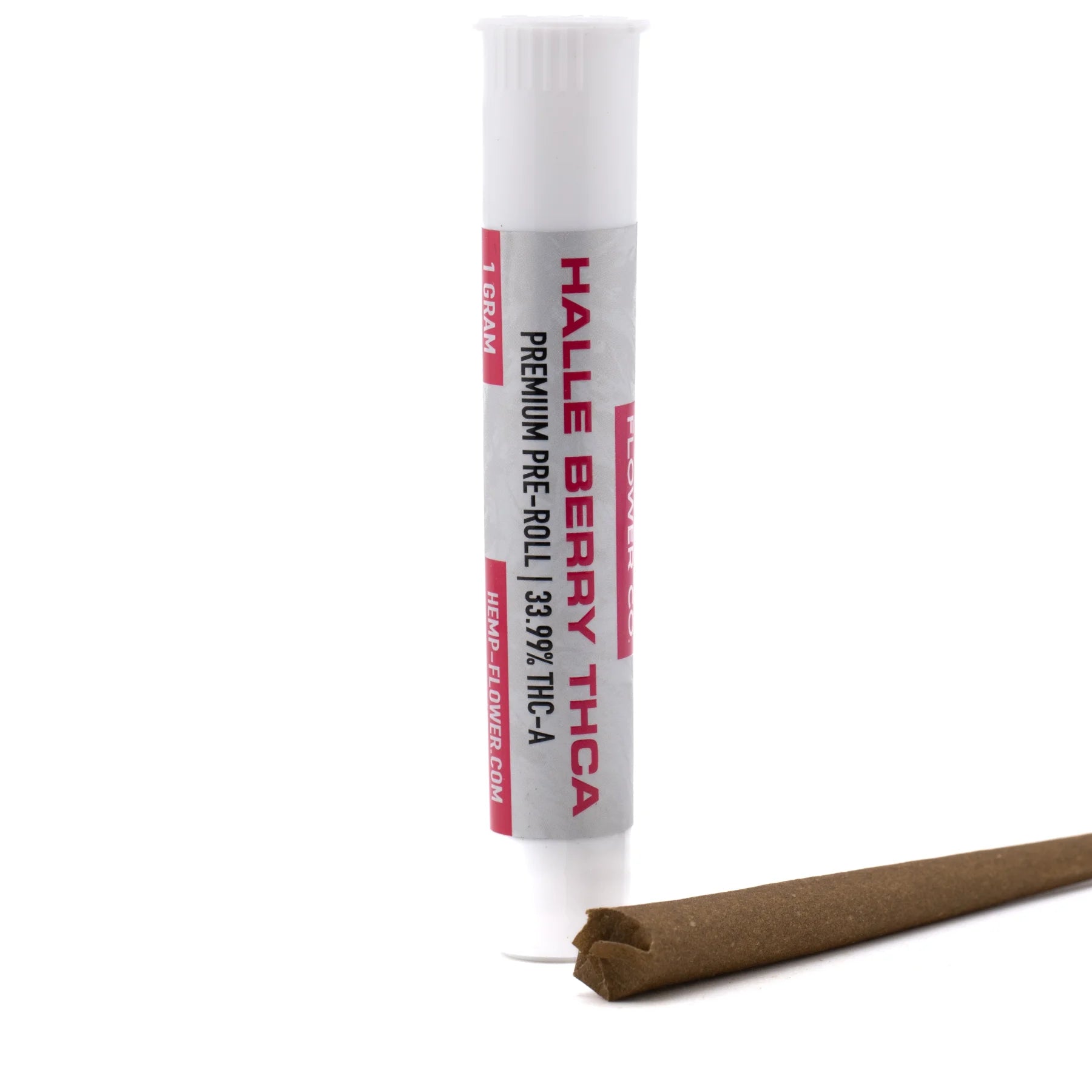 White cylindrical tube labeled halle berry thc with red and black text containing 1 gram premium halle berry pre-roll hemp flower