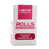 A white rectangular box with pink branding labeled hemp flower co featuring harlequin cbd cigarettes 29 percent cbd