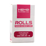 A white rectangular box with pink branding labeled hemp flower co featuring harlequin cbd cigarettes 29 percent cbd