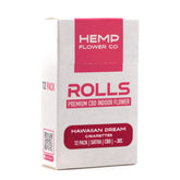 White rectangular package with pink branding of hemp flower co premium greenhouse hawaiian dream 2857 cbd cigarettes 12 pack