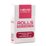 White rectangular package with pink branding of hemp flower co premium greenhouse hawaiian dream 2857 cbd cigarettes 12 pack