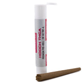 White cylindrical container with red and black labeling holding a brown 1 gram hooch 30.16% thca pre-roll for physical relaxation