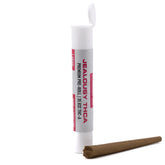 A white cylindrical container with flip-top lid labeled jealousy thc premium pre-roll in red with 35.83 percent thca pre-rolls