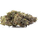 A dense jealousy greenhouse thca hemp flower bud with green and purple hues covered in fine trichomes for mental stimulation