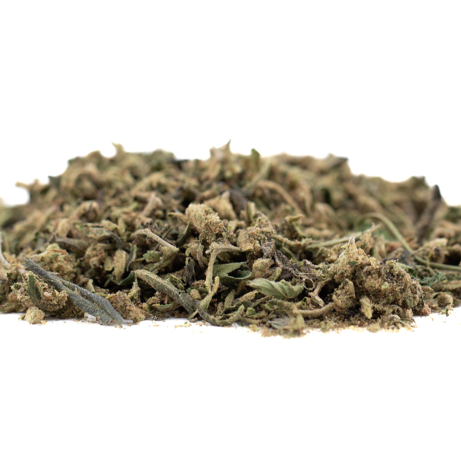 Jokerz THCa White Runtz and Jet Fuel Gelato dried crushed green herbs pile