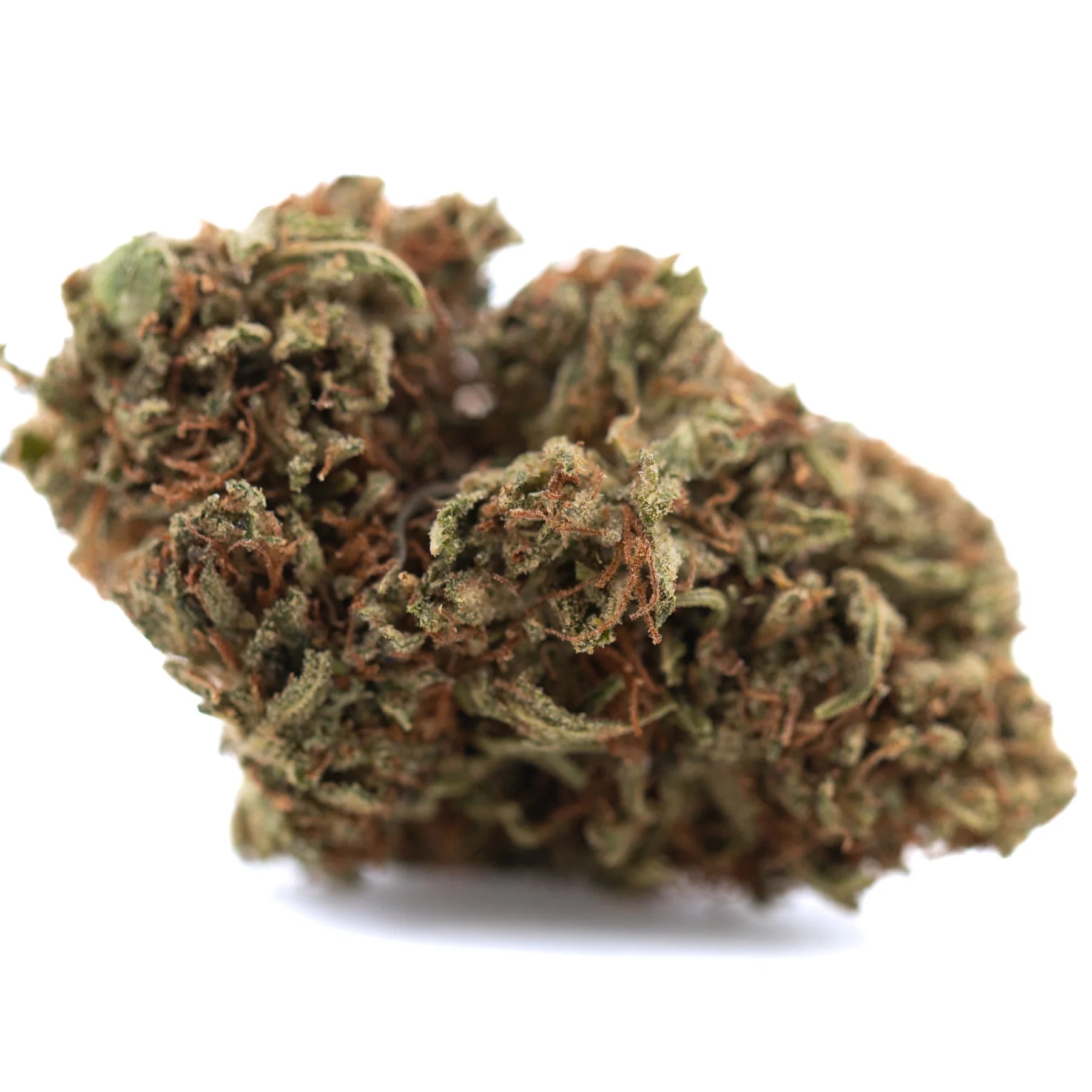 Dense irregular lemon octane cbd hemp flower bud with green brown hues and fine trichomes similar to bubba kush