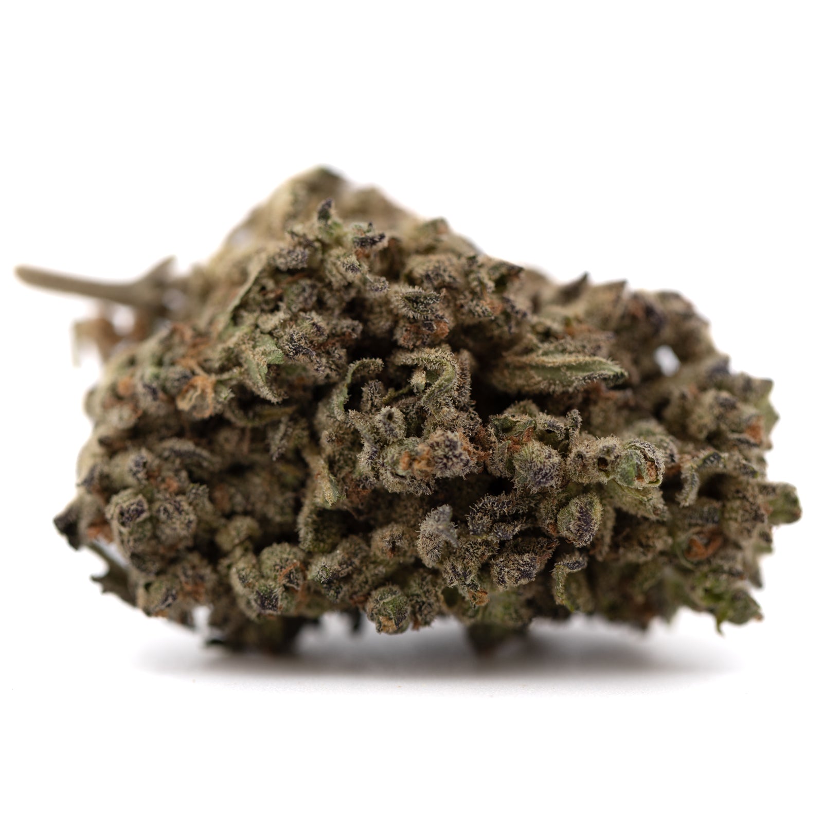 Mendo Breath THCa Flower: Dense green-brown hemp bud with resin glands
