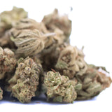Dried Nascar THCa hemp flower greenhouse smalls with green and brown hues and fine trichomes for physical relaxation