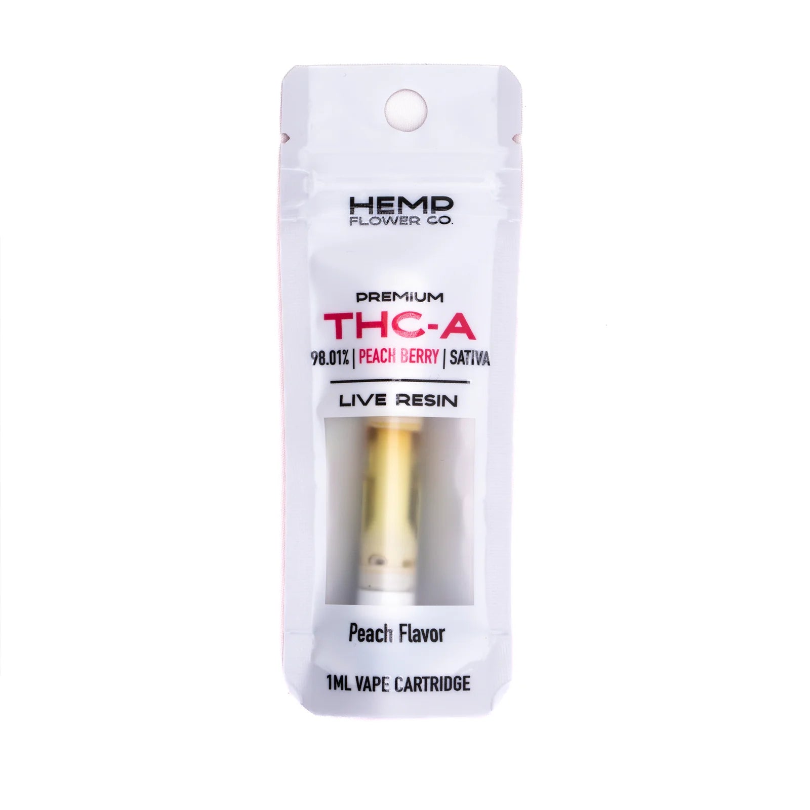 White packaged 1ml peach berry thca vape cartridge with live resin 98.01 potency in clear hemp flower co pouch