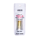 White packaged 1ml peach berry thca vape cartridge with live resin 98.01 potency in clear hemp flower co pouch