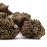 Dark green and purple hemp flower with trichomes and orange hairs, Peach Tree THCa Indoor Flower