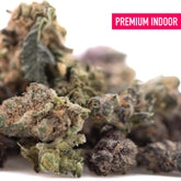 Premium indoor pineapple express thca flower smalls with dense frosty green and purple hemp flower buds