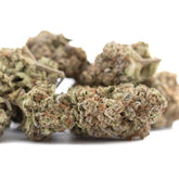 Purple Pop Rocks THCa hemp flower buds with green, brown hues and trichomes